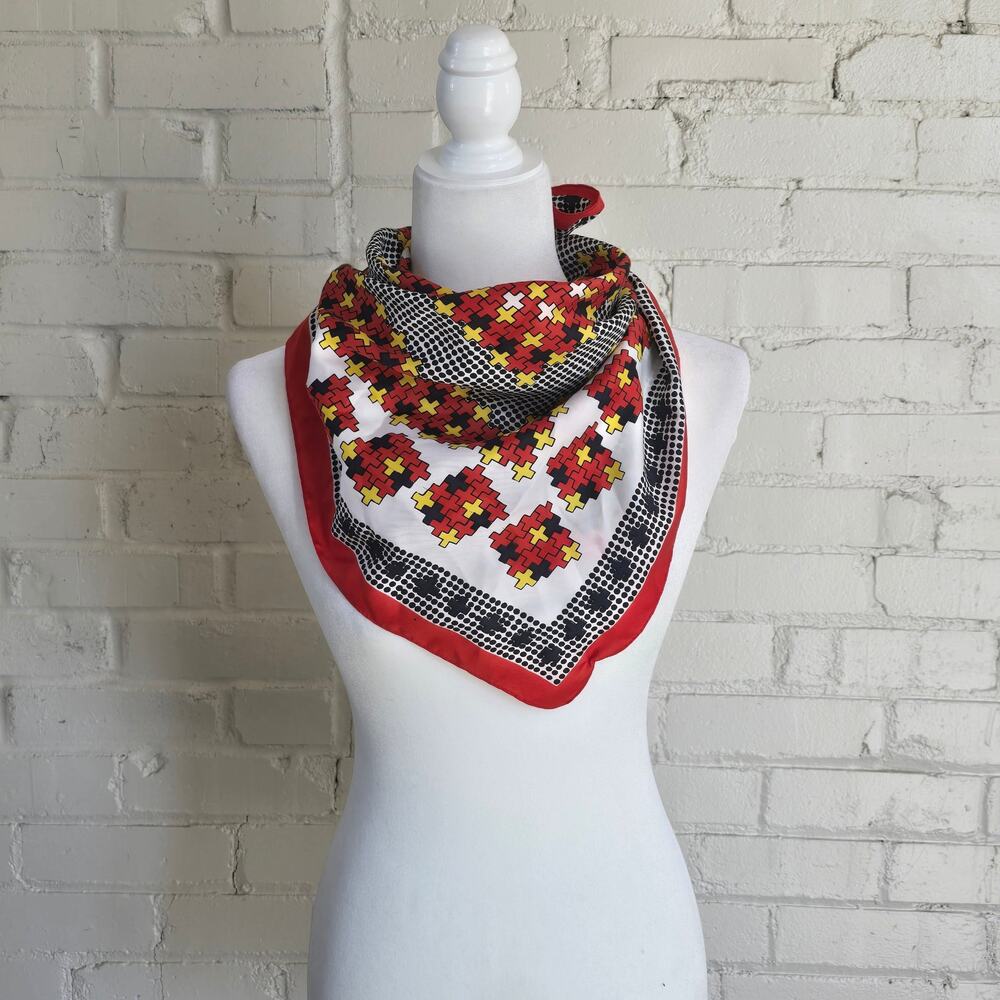 Vintage Mod Geometric Scarf | 26" Square | Red Yellow Black Plus Sign Print